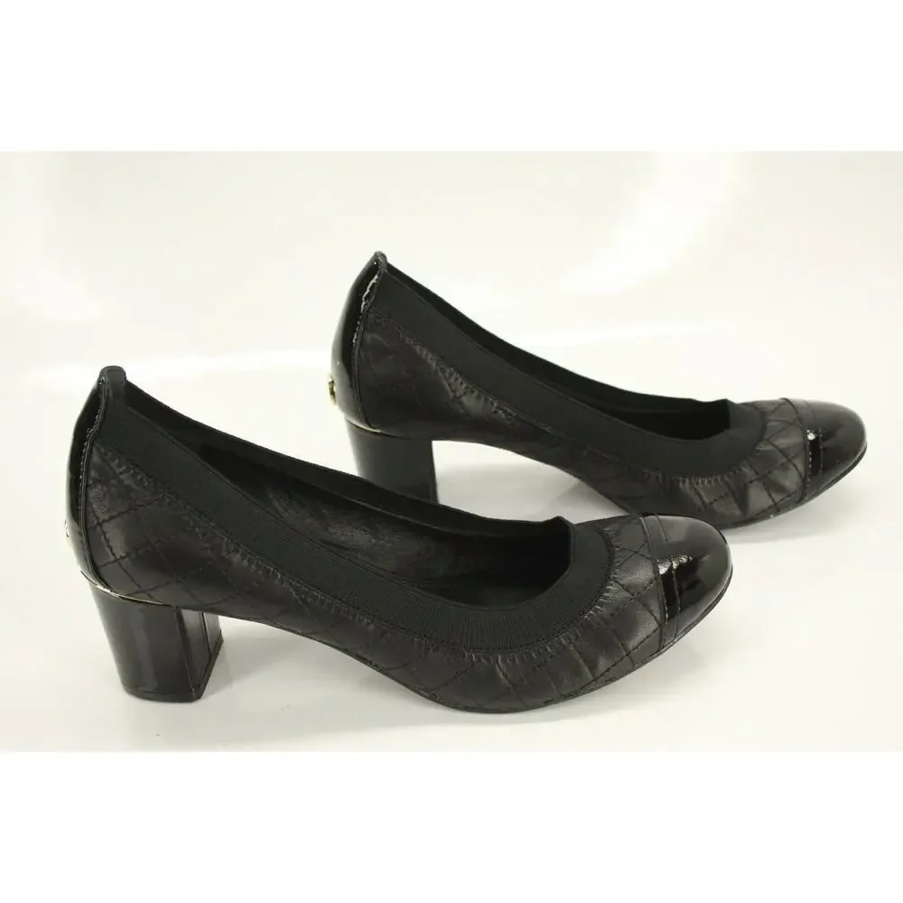 Tory Burch Black Leather Carrie Cap Toe Ballet Heels Pumps Size 7.5 Logo